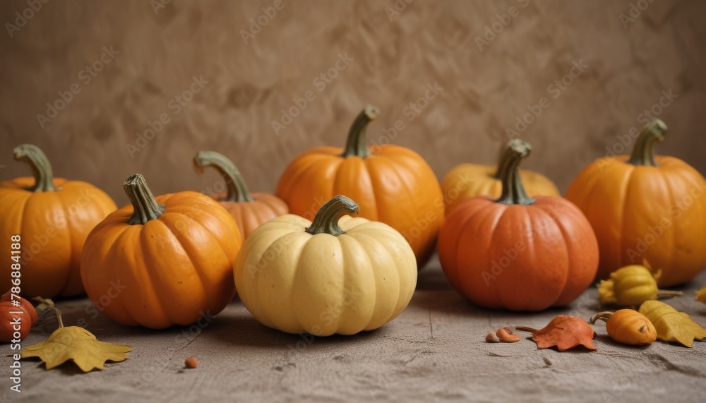 handmade plaster pumpkins. Banner for autumn seasonal holidays background. DIY craft pumpkins for Halloween, thanksgiving, fall decoration