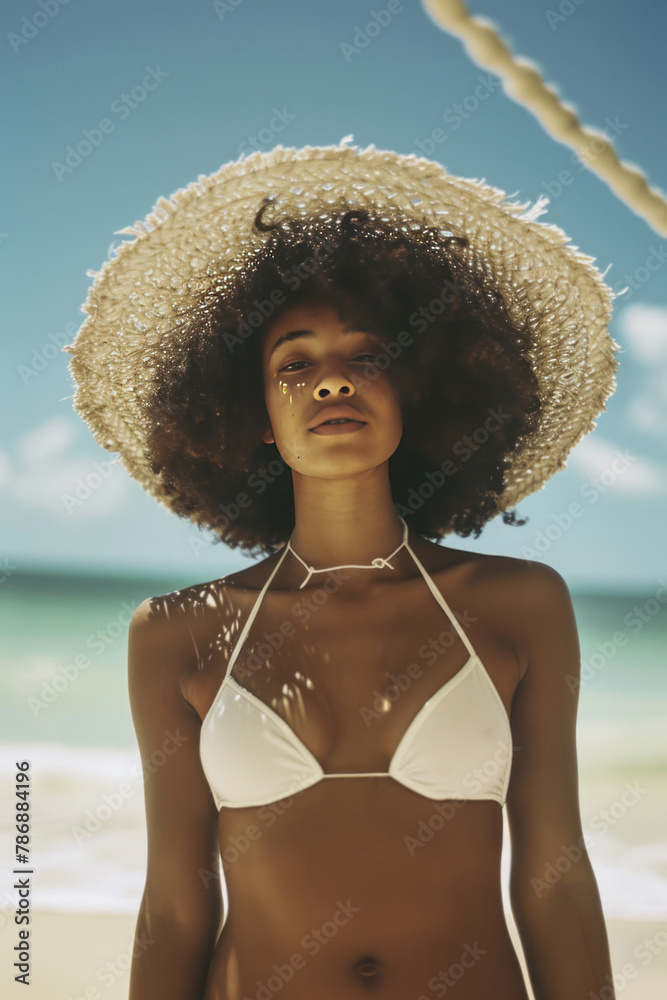 A portrait of a young girl with hat in a bikini on the seashore. Sunny summer day.