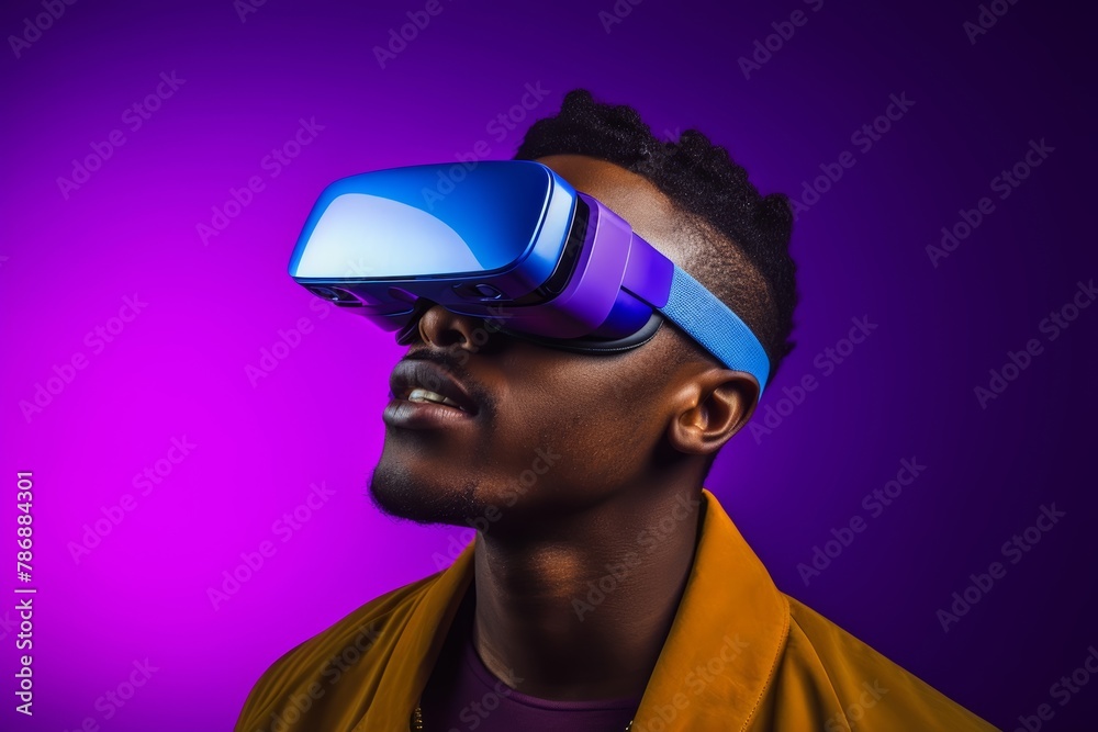 Fototapeta premium A black man in a blue pink magenta and yellow theme shirt is presenting the new modern designed virtual reality glasses as a commercial advertising on his head with a friendly smile.