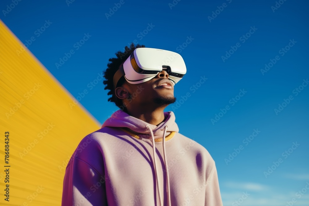 A black man in a blue pink magenta and yellow theme shirt is presenting the new modern designed virtual reality glasses as a commercial advertising on his head with a friendly smile. A black man in a blue pink magenta and yellow theme shirt is presenting the new modern designed virtual reality glasses as a commercial advertising on his head with a friendly smile.