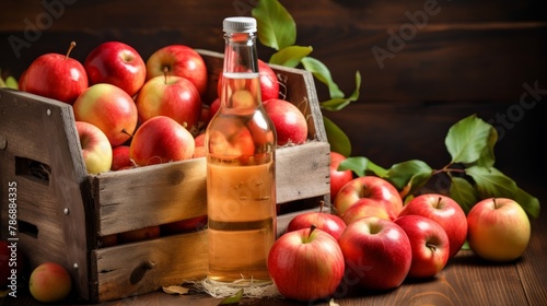 Bottles with cider, glasses and organic apples in a wooden box. Healthy eating and lifestyle concept. Bottle and glasses of homemade organic apple cider with fresh apples in box. photo