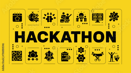 Hackathon black and yellow word concept. Tech event organization. Teamwork and collaboration. Visual communication. Vector art with lettering text, editable glyph icons. Hubot Sans font used