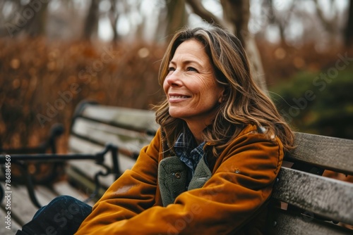 Portrait of a smiling woman sitting on a bench in the park