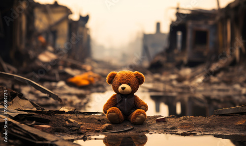 Teddy Bear Toy over City Destruction, War Conflict Aftermath, Children Peace Innocence Banner