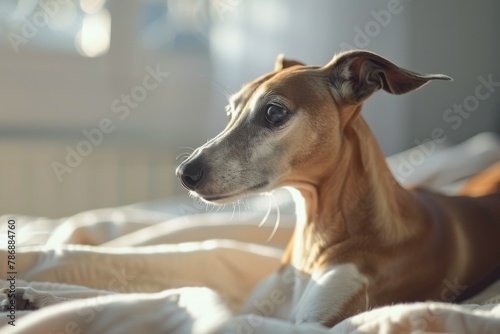 Whippet dog lies on a fluffy light carpet in a bright room © Krisartist94