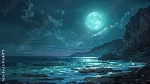 Moonlit Coastal Cliffs and Rock Pools at Night © MdRifat