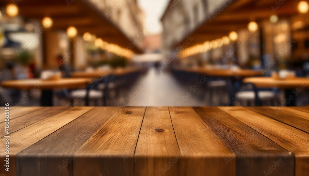 Blurry Brew: Perspective Wooden Board Over Café Ambiance