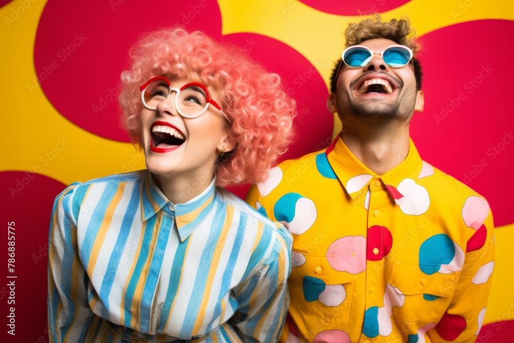 Young couple dressed in matching Clowncore outfits, radiating joy and laughter as they pose against a colorful backdrop. Young couple dressed in matching Clowncore outfits, radiating joy and laughter as they pose against a colorful backdrop.
