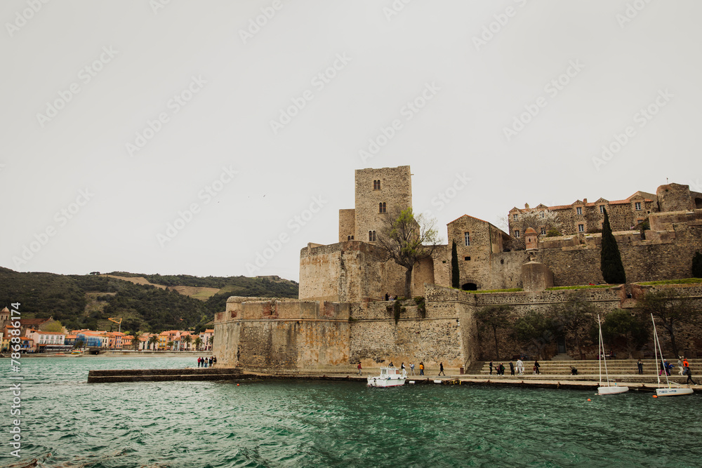 Medieval Castle along the coast of the Collioure Sea, France.