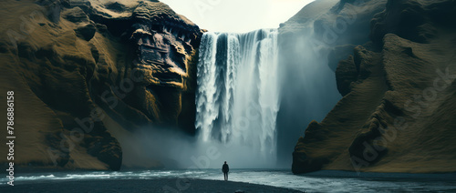 A cinematic photo of Skogafoss in Iceland  waterfall with water pouring down the cliffside  a person standing at its base looking up into it.