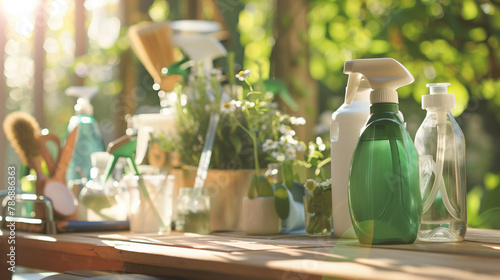The eco-friendly cleaning product packaging highlights natural and biodegradable solutions for cleaning and disinfecting surfaces, with green containers symbolizing the commitment to a bio-based appro photo