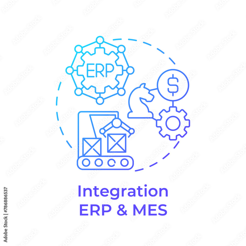 Integration ERP and MES blue gradient concept icon. Production processes optimization. Quality control. Round shape line illustration. Abstract idea. Graphic design. Easy to use in infographic Integration ERP and MES blue gradient concept icon. Production processes optimization. Quality control. Round shape line illustration. Abstract idea. Graphic design. Easy to use in infographic