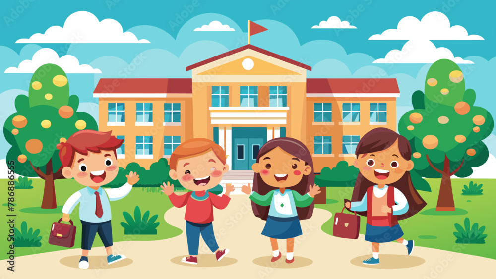 free-vector-happy-students-outside-school-building