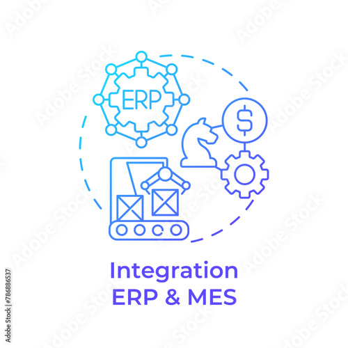 Integration ERP and MES blue gradient concept icon. Production processes optimization. Quality control. Round shape line illustration. Abstract idea. Graphic design. Easy to use in infographic