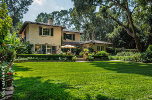 A beautiful home with a lush green lawn and trees in the background, showcasing an inviting front yard with neatly trimmed hedges around it