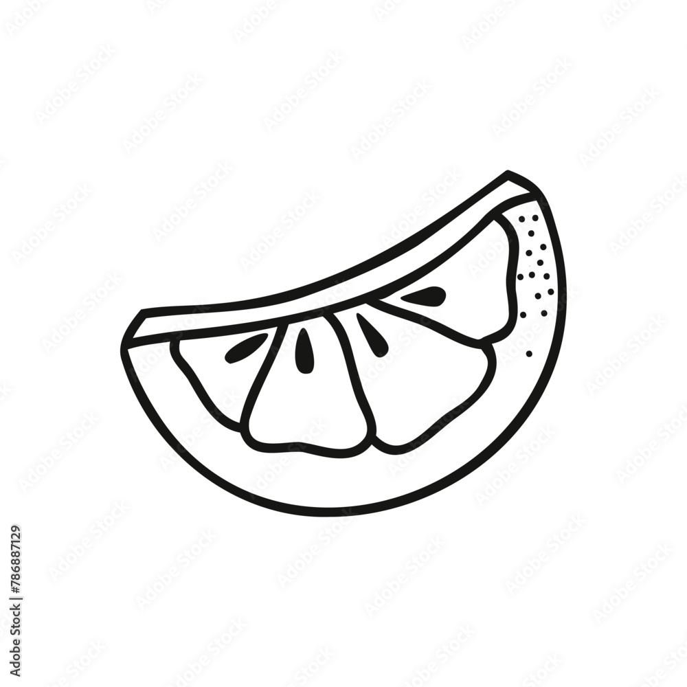 Hand drawn orange slice in doodle style. Single element Stock isolated image on a white background. Hand drawn orange slice in doodle style. Single element Stock isolated image on a white background.
