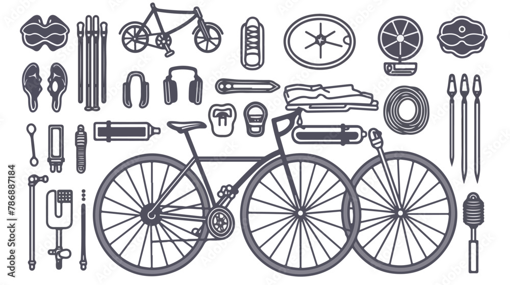 Bike cycling and biking accessories sign set. Thin 