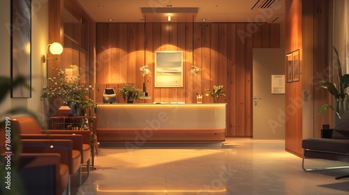 The interior of a dental office, showcasing an inviting patient area with a warm © Muhammad