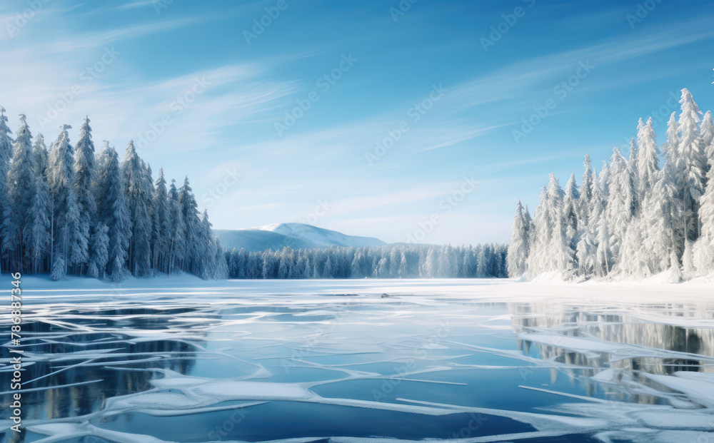 A frozen lake with ice cracks, surrounded by snow-covered pine forests under the blue sky.