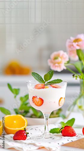 Strawberry milkshake in a glass, and mint leaves.