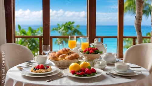opulent breakfast table with cuisine for two and a stunning backdrop of the tropical sea. Summer vacation idea for a romantic getaway that includes breakfast for two, luxury travel and lifestyle, and 