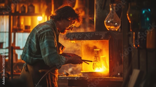 A man blowing glass near a fire, displaying his skill while heating the molten material. AIG41