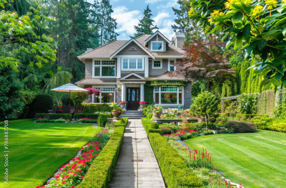 A beautiful home with a lush green lawn and trees in the background, showcasing an inviting front yard with neatly trimmed hedges around it