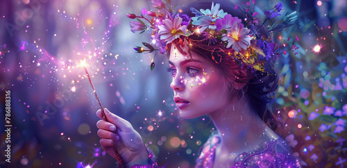 A beautiful young woman, dressed in colorful and wearing an iridescent headband with flowers in her hair, holds up a magic wand that shines light from it