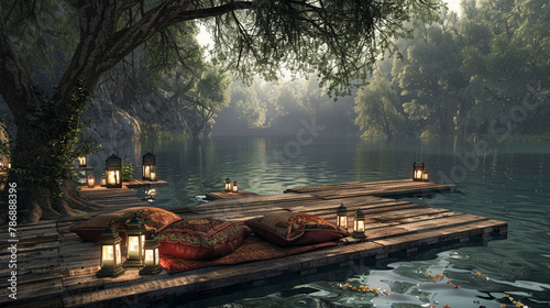 A serene lakeside picnic spot, with a weathered wooden dock extending over the water, adorned with lanterns and cushions for picnickers to relax and enjoy the peaceful surroundings. photo