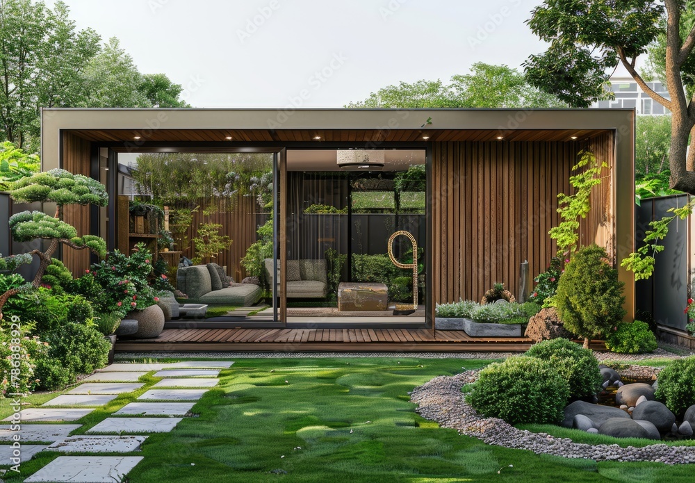 Fototapeta premium Modern tiny house, beautiful exterior, scenic view, created with AI