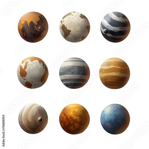 set of different types of planets with vibrant colors isolated on transparent background
