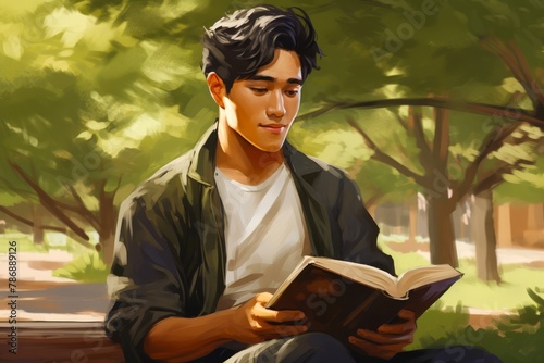 
An illustration of a guy with bright freckles on his cheeks, sitting on a bench in the park and reading a book. He is of Asian nationality, around 23 years old