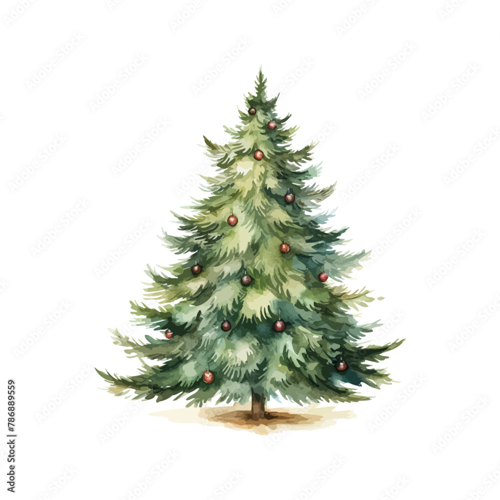Decorated Christmas Tree Watercolor Painting. Vector illustration design.