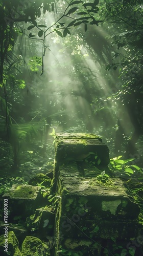 Overgrown ancient stone podium in a lush rainforest  sunlight piercing through  for ecofriendly products