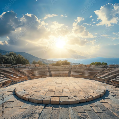Sunbaked clay podium in an ancient Greek amphitheater, for products with historical allure