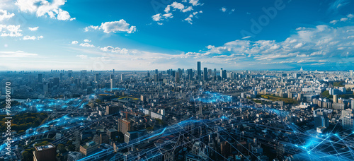 Futuristic Cityscape Interwoven with Digital Networks and Data