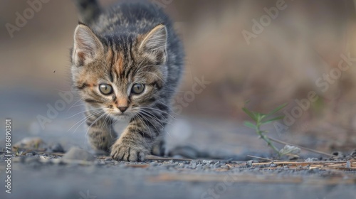 Brindled short haired kitten sneaking and crawling alone photo