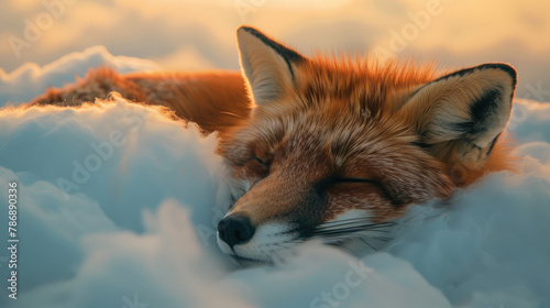 Photo illustration of a fox sleeping soundly on fluffy clouds with soft twilight light