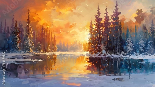 Spectacular sunset over winter forest lake 