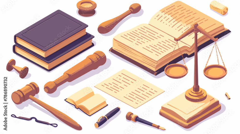 Cartoon 3d concept with courtroom items mallet hammer