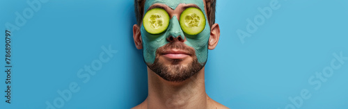 An unshaven man is applying cucumber slices on his face to maintain good skin health and hydration photo