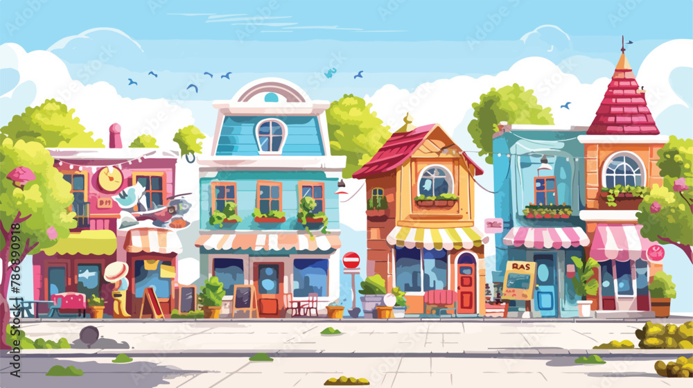 Cartoon cute suburban countryside street of a colorful