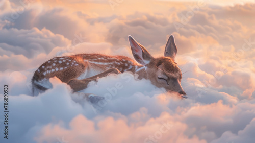Photo illustration of a deer sleeping soundly on a cloud at dusk