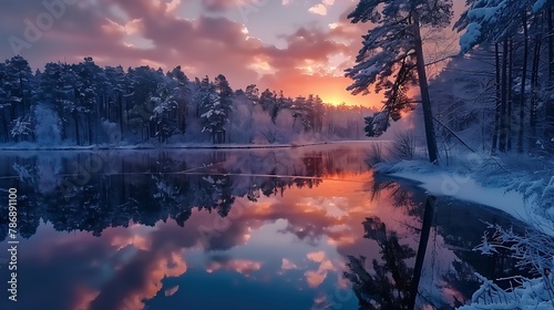 Spectacular sunset over winter forest lake 