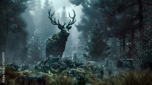 Reanimated Deer Wandering Through the Enchanted Dark Forest Shrouded in Mist and Mystery