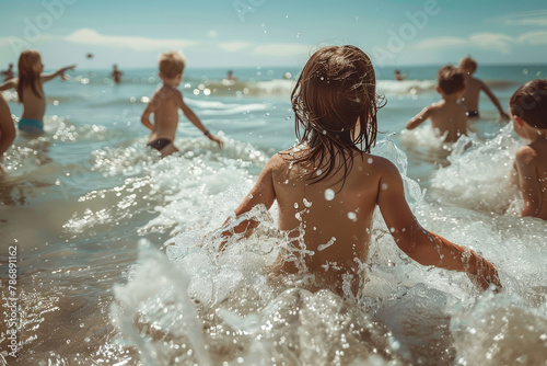 Kids Playing in Water at Sunset. © bajita111122