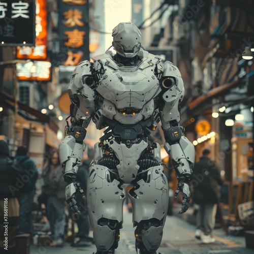 AI generated golem patrolling a dystopian district, sentinel of silicon, programmed patrol