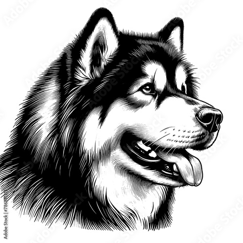 Alaskan Malamute portrait. Realistic Hand Drawn Pen and Ink. Vector Isolated in White. Engraving vintage style illustration for print, tattoo, t-shirt, sticker	
