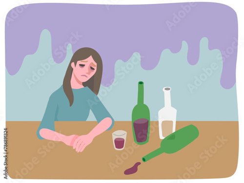 アルコール依存症で落ち込む女性とテーブルに置かれた酒瓶とグラスに入った赤ワインとどんよりと重くのしかかる憂鬱な感情の背景