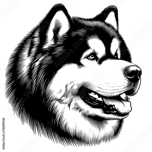 Alaskan Malamute portrait. Realistic Hand Drawn Pen and Ink. Vector Isolated in White. Engraving vintage style illustration for print, tattoo, t-shirt, sticker	